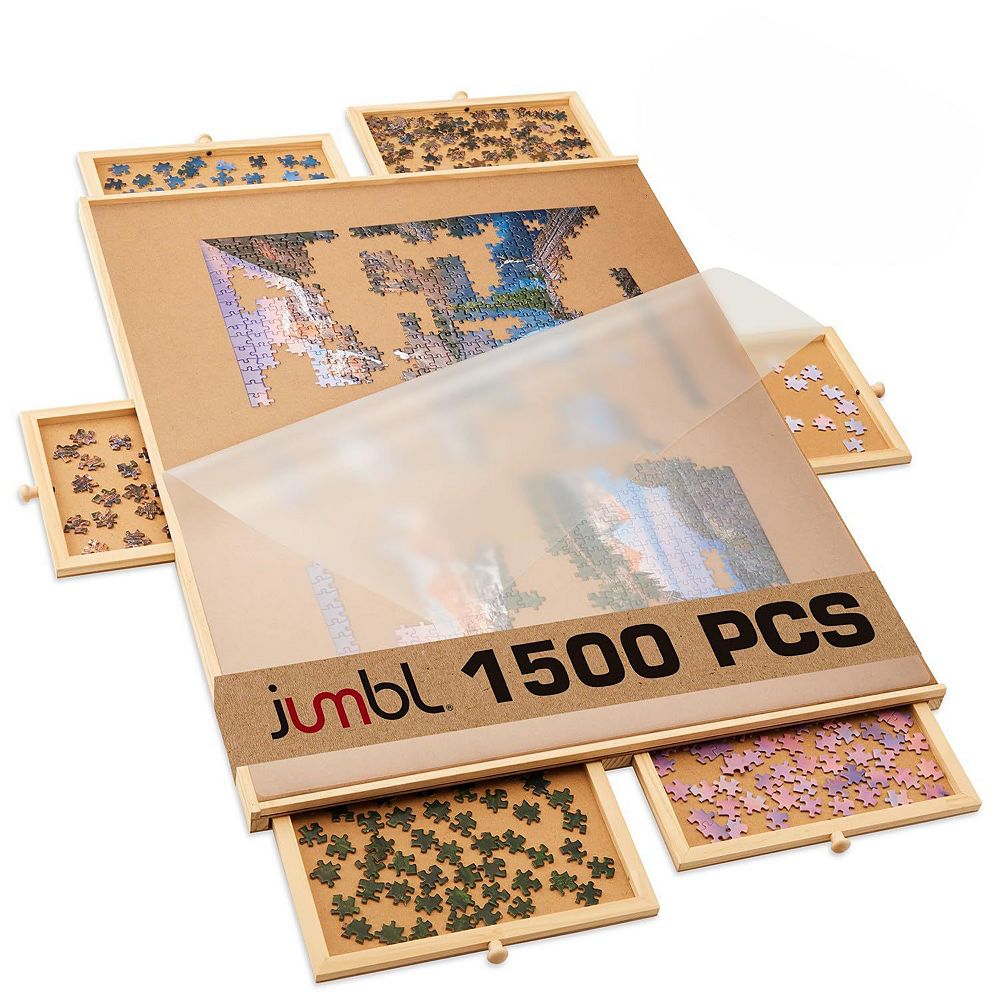 Jumbl 1500-Piece Puzzle Board with Drawers, Lazy Susan & Cover