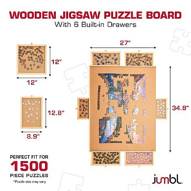 Jumbl 1500-Piece Puzzle Board with Drawers, Lazy Susan & Cover - Rotating Wooden Jigsaw Puzzle Table