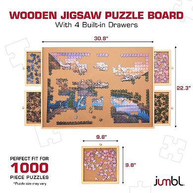 Jumbl 1000-Piece Puzzle Board with Drawers, Lazy Susan & Cover - Rotating Wooden Jigsaw Puzzle Table
