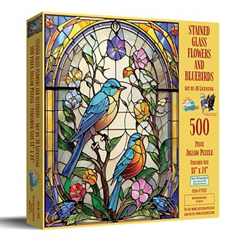Stained Glass Flowers and Bluebirds 500 pc Jigsaw Puzzle