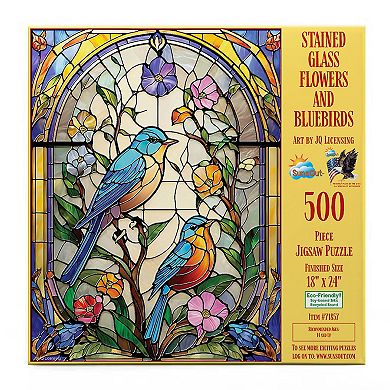 Stained Glass Flowers and Bluebirds 500 piece Jigsaw Puzzle
