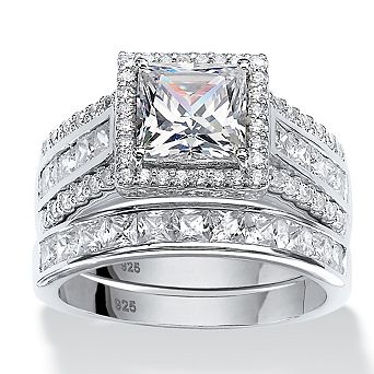 PalmBeach Jewelry 3.31 TCW Cubic Zirconia 2 pc Platinum-plated Silver Halo Bridal Ring Set