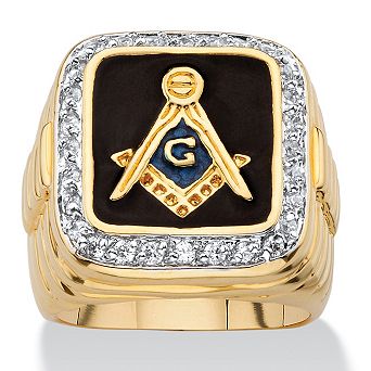 PalmBeach Jewelry Men's .59 TCW Black Enamel and Cubic Zirconia Gold-Plated Masonic Ring