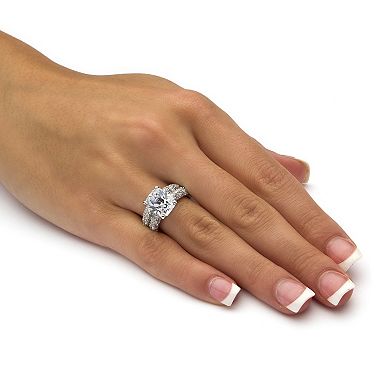 PalmBeach Jewelry 6.50 TCW Emerald-Cut Cubic Zirconia Platinum-Plated Wedding Band Set