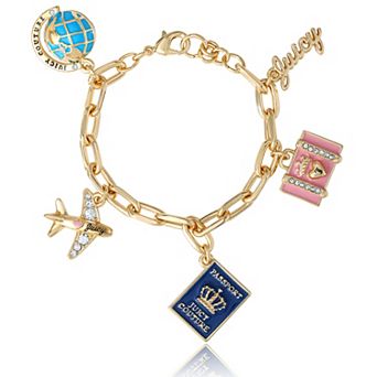 Juicy Couture Travel Icons Charm Bracelet, Gold‑Tone with Blue & Pink Enamel