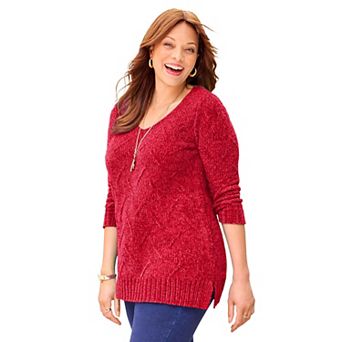 Catherines Women's Plus Size Chenille Pointelle V-Neck Pullover