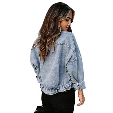 Womens Button Down Distressed Leopard Denim Jacket Washed Long Sleeve Ripped Oversized Jean Coat