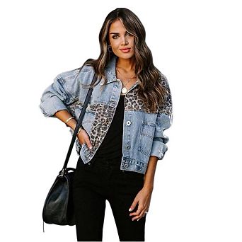 Womens Button Down Distressed Leopard Denim Jacket Washed Long Sleeve Ripped Oversized Jean Coat