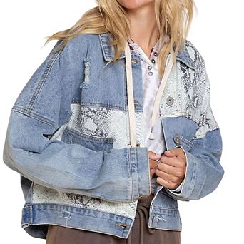 Womens Button Down Distressed Leopard Denim Jacket Washed Long Sleeve Ripped Oversized Jean Coat