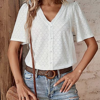 Womens Summer Tops V Neck Short Sleeve T Shirts Trendy Eyelet Blouses Cute Buttons Up Tunics Tee