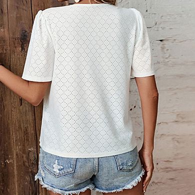 Womens Summer Tops V Neck Short Sleeve T Shirts Trendy Eyelet Blouses Cute Buttons Up Tunics Tee