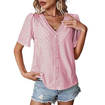 Womens Summer Tops V Neck Short Sleeve T Shirts Trendy Eyelet Blouses Cute Buttons Up Tunics Tee