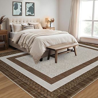 Modern Area Rugs for Bedroom Machine Washable Bordered Rug Non-Slip Stain Resistant Carpet