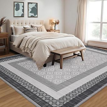 Modern Area Rugs for Bedroom Machine Washable Bordered Rug Non-Slip Stain Resistant Carpet