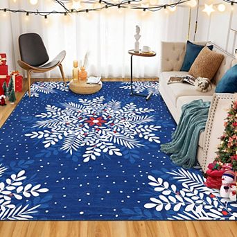 Christmas Area Rug Floral Pattern Machine Washable Low Pile Non Slip Carpet Indoor Door Mat