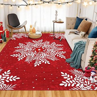Christmas Area Rug Floral Pattern Machine Washable Low Pile Non Slip Carpet Indoor Door Mat