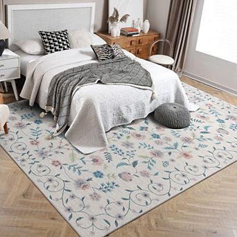 Vintage Area Rugs Floral Low Pile Washable Rug Stain Resistant Indoor Floor Carpet for Living Room