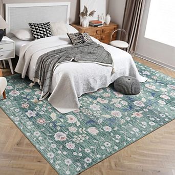 Vintage Area Rugs Floral Low Pile Washable Rug Stain Resistant Indoor Floor Carpet for Living Room