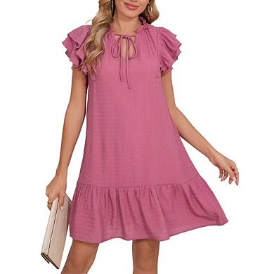 Womens Summer Dresses V-Neck Drawstring Ruffle Cap Short Sleeve Side Pockets Mini Dress Sundress