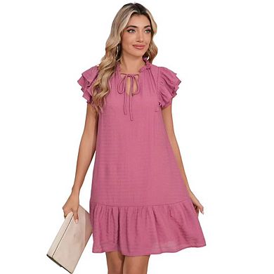 Womens Summer Dresses V-Neck Drawstring Ruffle Cap Short Sleeve Side Pockets Mini Dress Sundress