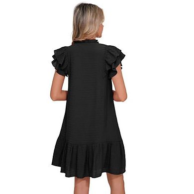 Womens Summer Dresses V-Neck Drawstring Ruffle Cap Short Sleeve Side Pockets Mini Dress Sundress