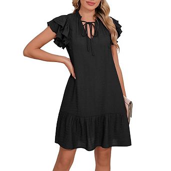 Womens Summer Dresses V-Neck Drawstring Ruffle Cap Short Sleeve Side Pockets Mini Dress Sundress