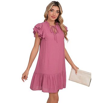 Womens Summer Dresses V-Neck Drawstring Ruffle Cap Short Sleeve Side Pockets Mini Dress Sundress