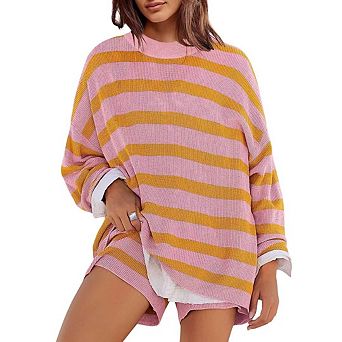 Womens Striped Sweater Set Oversized Lounge Sets Matching Pajamas Long Sleeve Top and Shorts