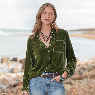 Womens Velvet Shirts Casual Long Sleeve Button Down Tops Shirts