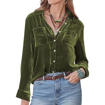 Womens Velvet Shirts Casual Long Sleeve Button Down Tops Shirts