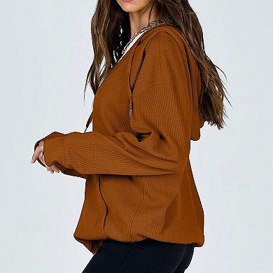 Women's Zip Up Loose Fit Hooded Jackets Comfy Long Sleeve Casual Waffle Sweatshirts with Pockets