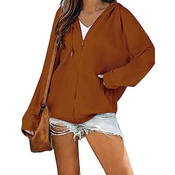 Women's Zip Up Loose Fit Hooded Jackets Comfy Long Sleeve Casual Waffle Sweatshirts with Pockets