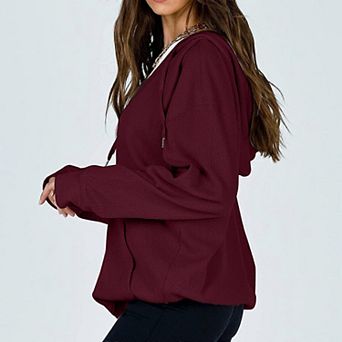 Women's Zip Up Loose Fit Hooded Jackets Comfy Long Sleeve Casual Waffle Sweatshirts with Pockets