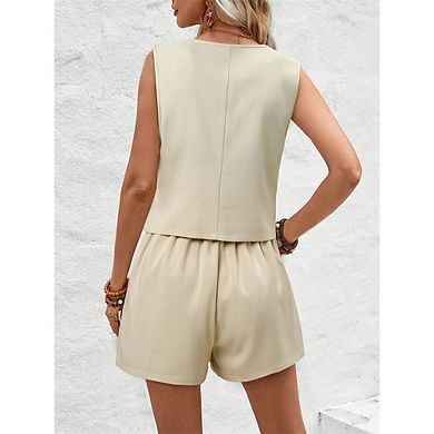 Womens 2 Piece Vest Sets Outfits Button Crop Blazer Vest and Wide Leg Pant Summer Suits