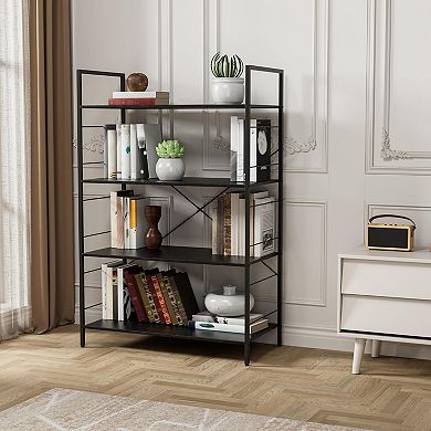 4-Tier Industrial Bookshelf - Steel Frame Bookcase for Home Office