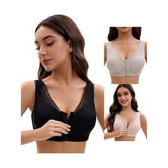 3 Packs Women's Lace Zip Front Closure Full Coverage Wirefree Wide Straps V Back Padded Bras
