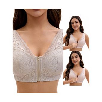 3 Packs Women's Lace Zip Front Closure Full Coverage Wirefree Wide Straps V Back Padded Bras