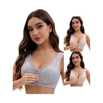 3 Packs Women's Lace Zip Front Closure Full Coverage Wirefree Wide Straps V Back Padded Bras