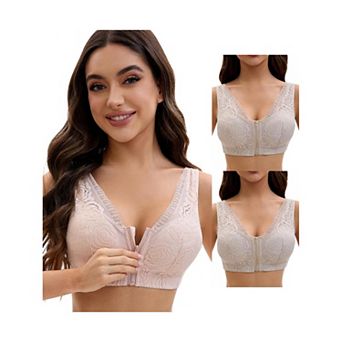 3 Packs Women's Lace Zip Front Closure Full Coverage Wirefree Wide Straps V Back Padded Bras