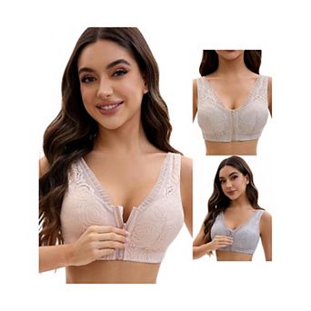 3 Packs Women's Lace Zip Front Closure Full Coverage Wirefree Wide Straps V Back Padded Bras