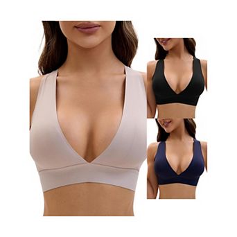 3 Packs Women's Deep V Bralette Wirefree T-Shirt Seamless Comfortable Plunge Bras