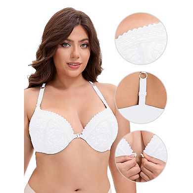 3 Packs Women's Lace Front Closure Push Up Underwire Backless Bras