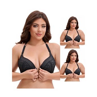 3 Packs Women's Lace Front Closure Push Up Underwire Backless Bras