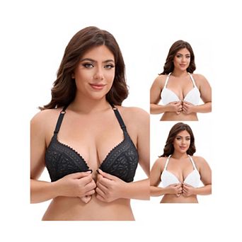 3 Packs Women's Lace Front Closure Push Up Underwire Backless Bras