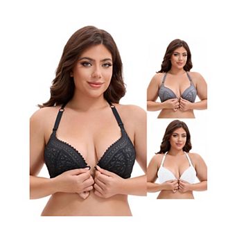 3 Packs Women's Lace Front Closure Push Up Underwire Backless Bras