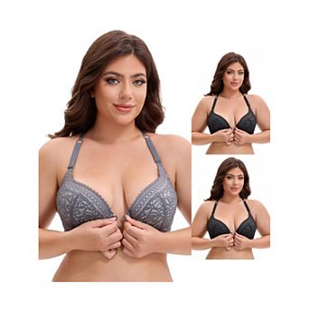 3 Packs Women's Lace Front Closure Push Up Underwire Backless Bras