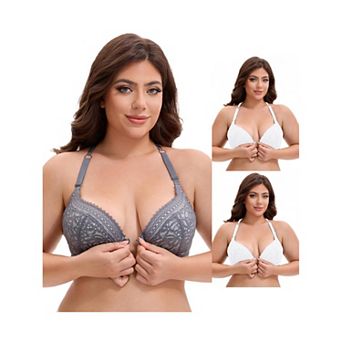 3 Packs Women's Lace Front Closure Push Up Underwire Backless Bras