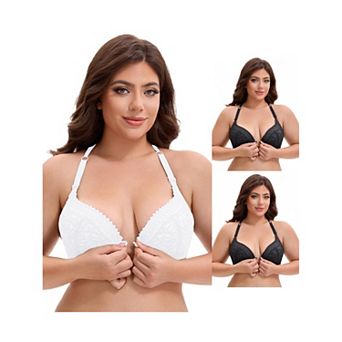 3 Packs Women's Lace Front Closure Push Up Underwire Backless Bras