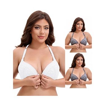3 Packs Women's Lace Front Closure Push Up Underwire Backless Bras