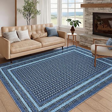 Modern Border Washable Rug with Non Slip Backing, Low Pile Stain Resistant Foldable Floor Carpet